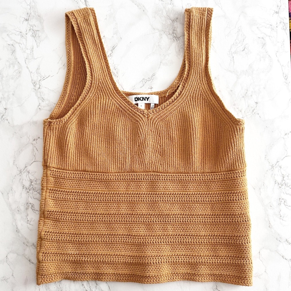 DKNY Cotton Sleeveless Knit Tan Cropped Tank Top Women's Size Large